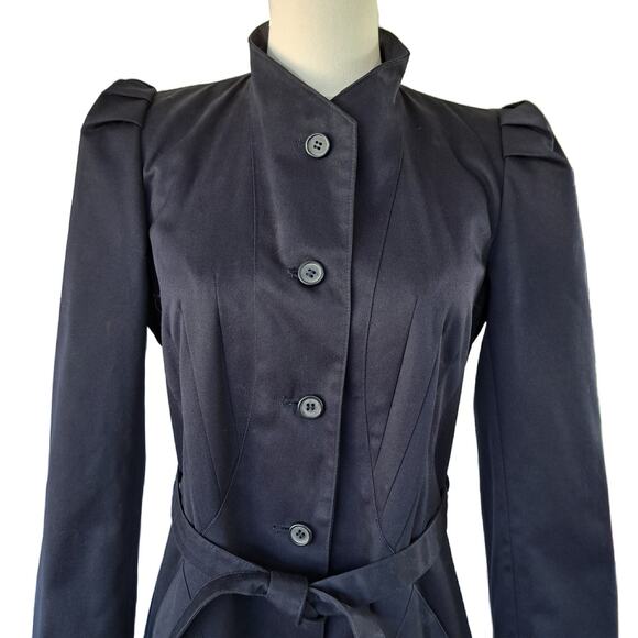 VINTAGE Princess Fit & Flare Midi Long Trench Coat Navy Puff Sleeve *fits small - Picture 3 of 13